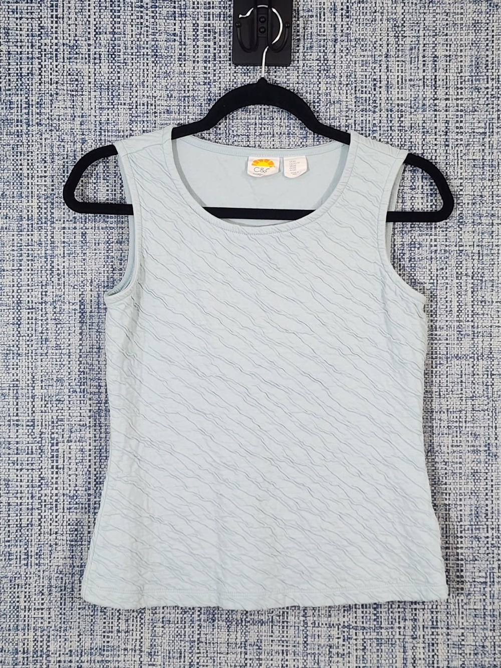 ​C&C California XS Ice Blue Puckered Textured Cotton Stretch Scoop Neck Tank Top